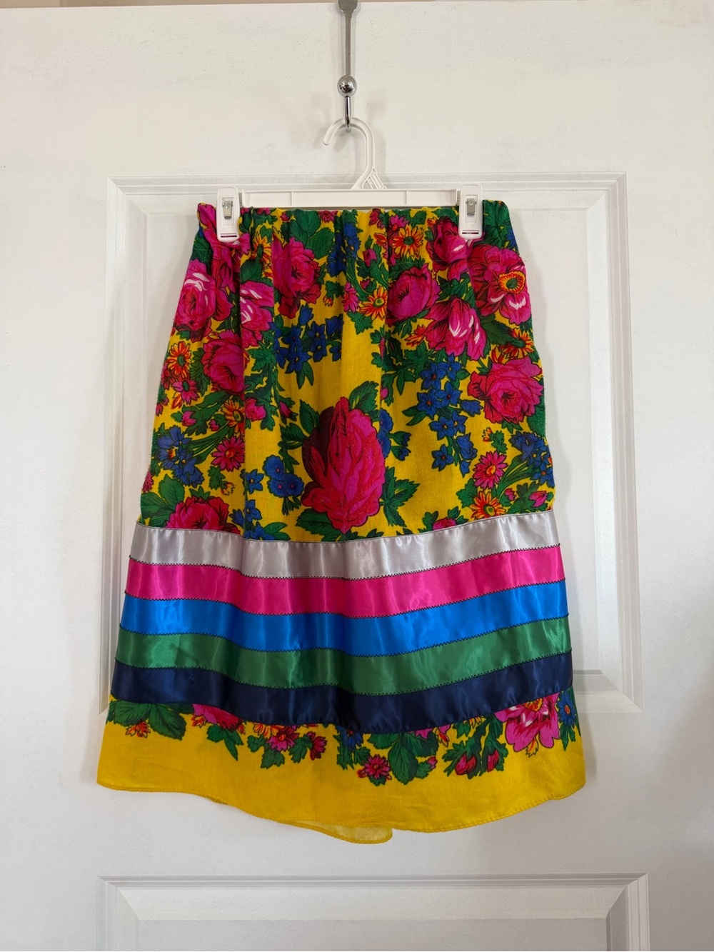 Handmade Indigenous Floral Kokum Scarf Ribbon Skirt Yellow & Pink Size S/M